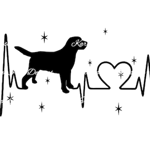 May include: Black silhouette of a Labrador Retriever with the name "Kar" written on its head, standing on a black and white heartbeat line with a heart shape in the middle. The background is white with small white stars.