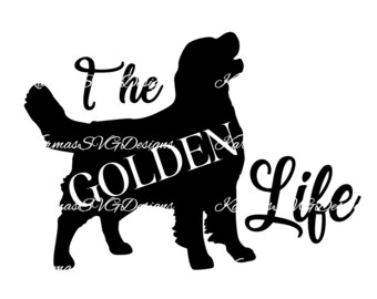 May include: Black silhouette of a golden retriever with the text "The Golden Life" in white cursive font.