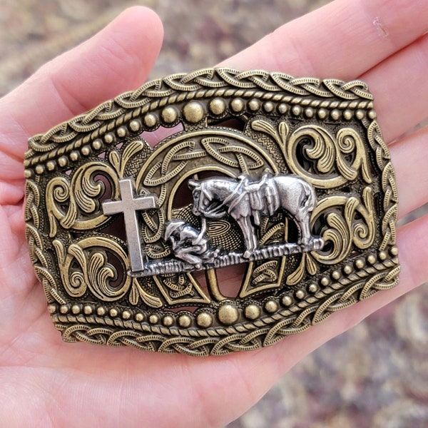 Small Western Cut-out Two-toned Kneeling Christian Cowboy Horseshoe Belt Buckle