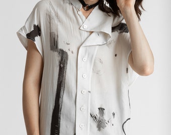 Unisex draped cowl abstract print top with asymmetrical wrap over collar, button up top, conceptual fashion, tech wear, minimal, avant-garde