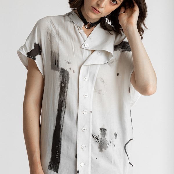Unisex draped cowl abstract print top with asymmetrical wrap over collar, button up top, conceptual fashion, tech wear, minimal, avant-garde