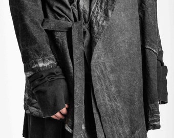 Avant-garde tiered hooded cloak with ties, androgynous, post apocalyptic, nomadic clothing, cyberpunk, gothic clothing