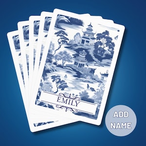 Blue Chinoiserie Toile de Jouy Custom Playing Cards, Personalised Name Playing Cards Poker Night Playing Cards Unique Card Deck Gift For Her