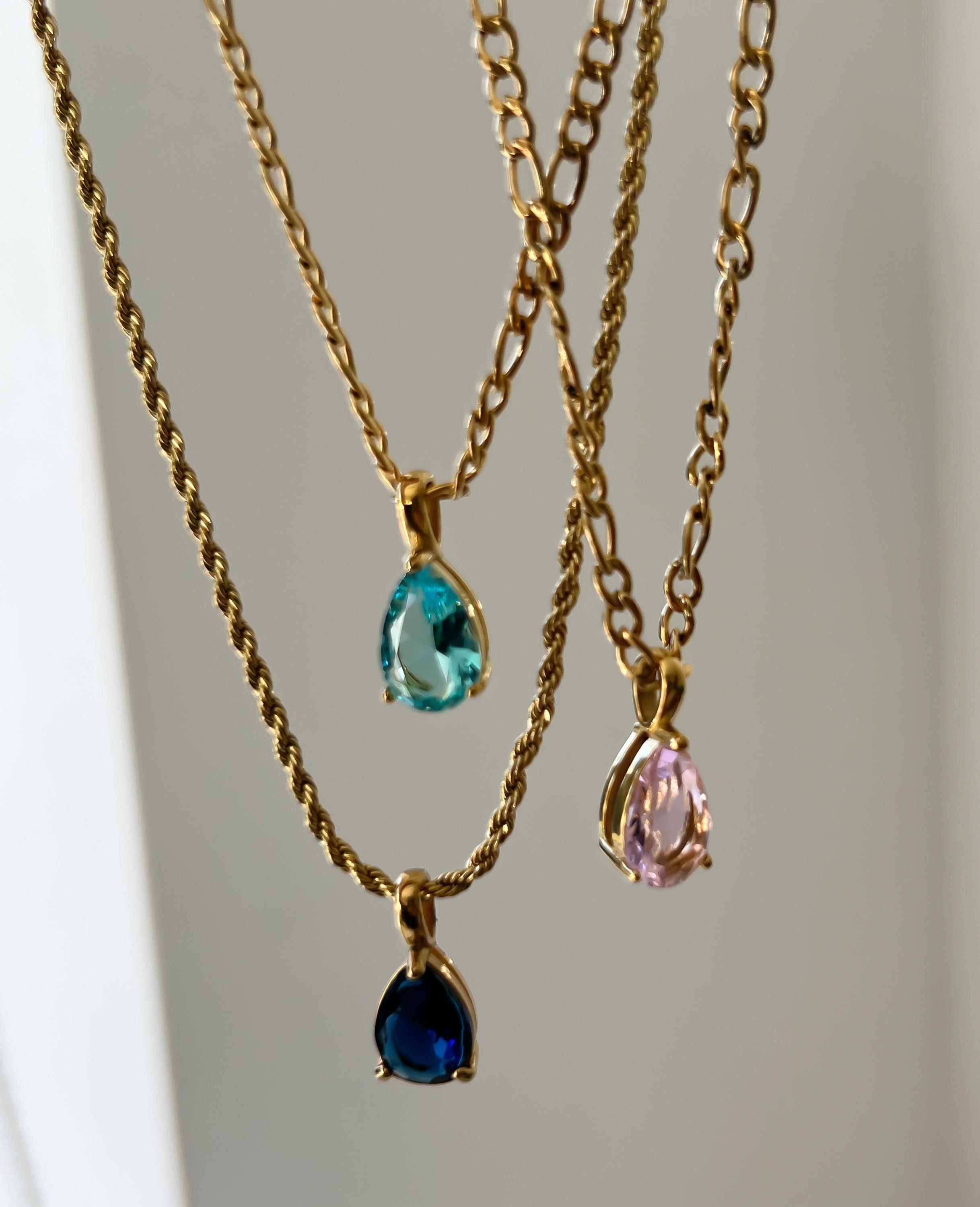 Birthstone Pear Drop Pendant Necklace, 18K Pvd Gold Plated Stainless Steel Rope Chain Figaro