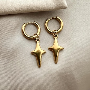 Cross Dangle Hoop Earrings, 18k Gold Plated Stainless Steel Hoops, Gold Hoops, Cross Pendant, Huggies, Chunky Earrings, Pearl Bead Gift for