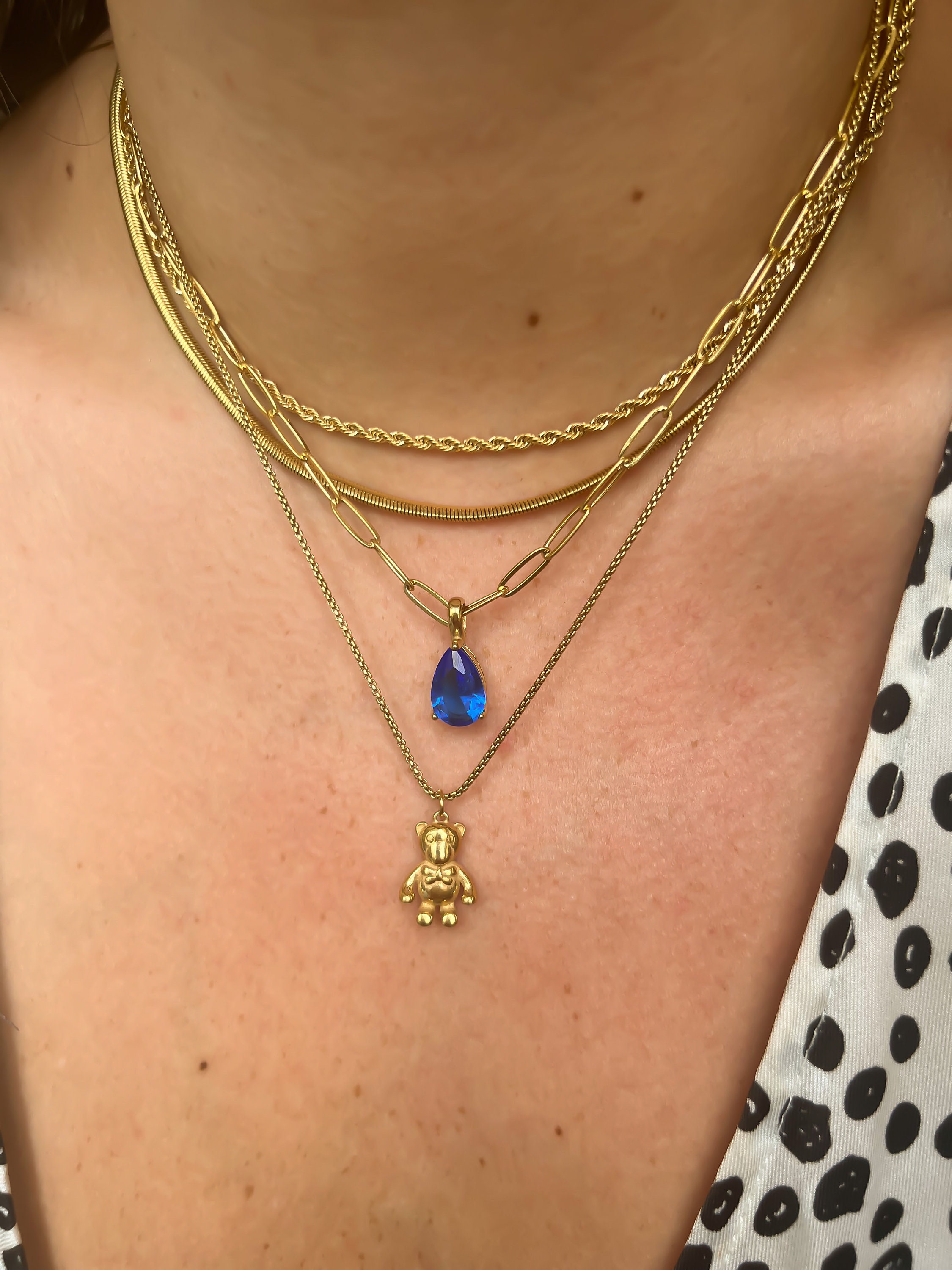 Pear Drop Pendant Necklace. 18K Pvd Gold Plated Stainless Steel Blue Pendant. Rope Chain. Emerald Pendant. Stone