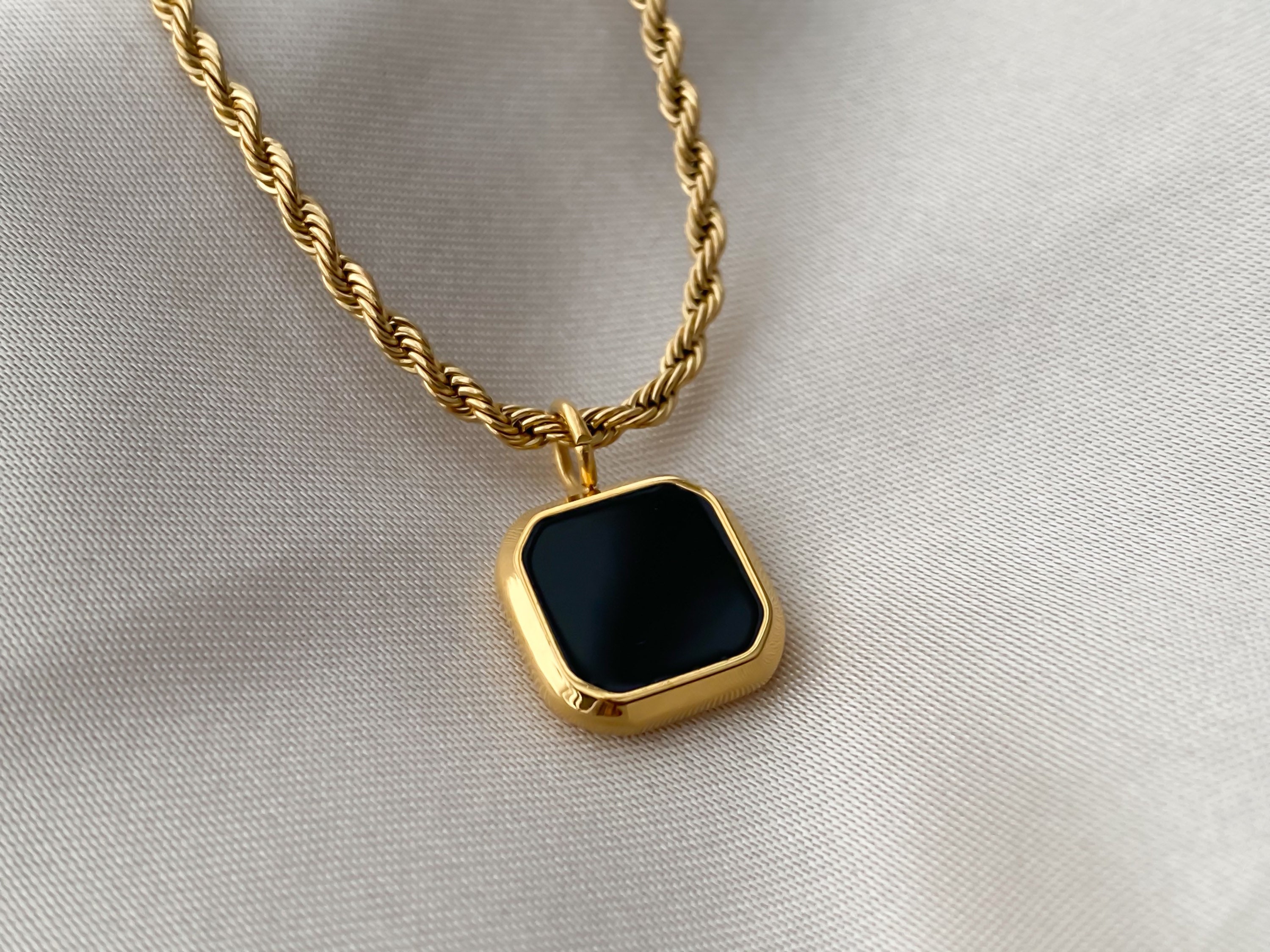 Black Onyx Pendant On A Rope Chain. Gold Plated Stainless Steel Necklace Black Pendant