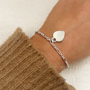 Figaro Chain Bracelet with Heart Pendant, 3mm Thick Silver Bracelet, Simple Chain Bracelet, Sterling Silver