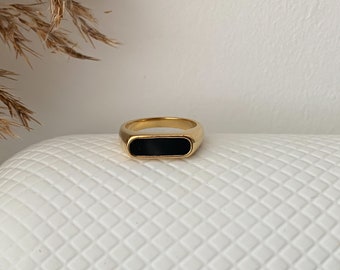 Black Thin Signet Ring Gold PVD Plated Stainless Steel Ring. Chunky Ring. Stacking Ring
