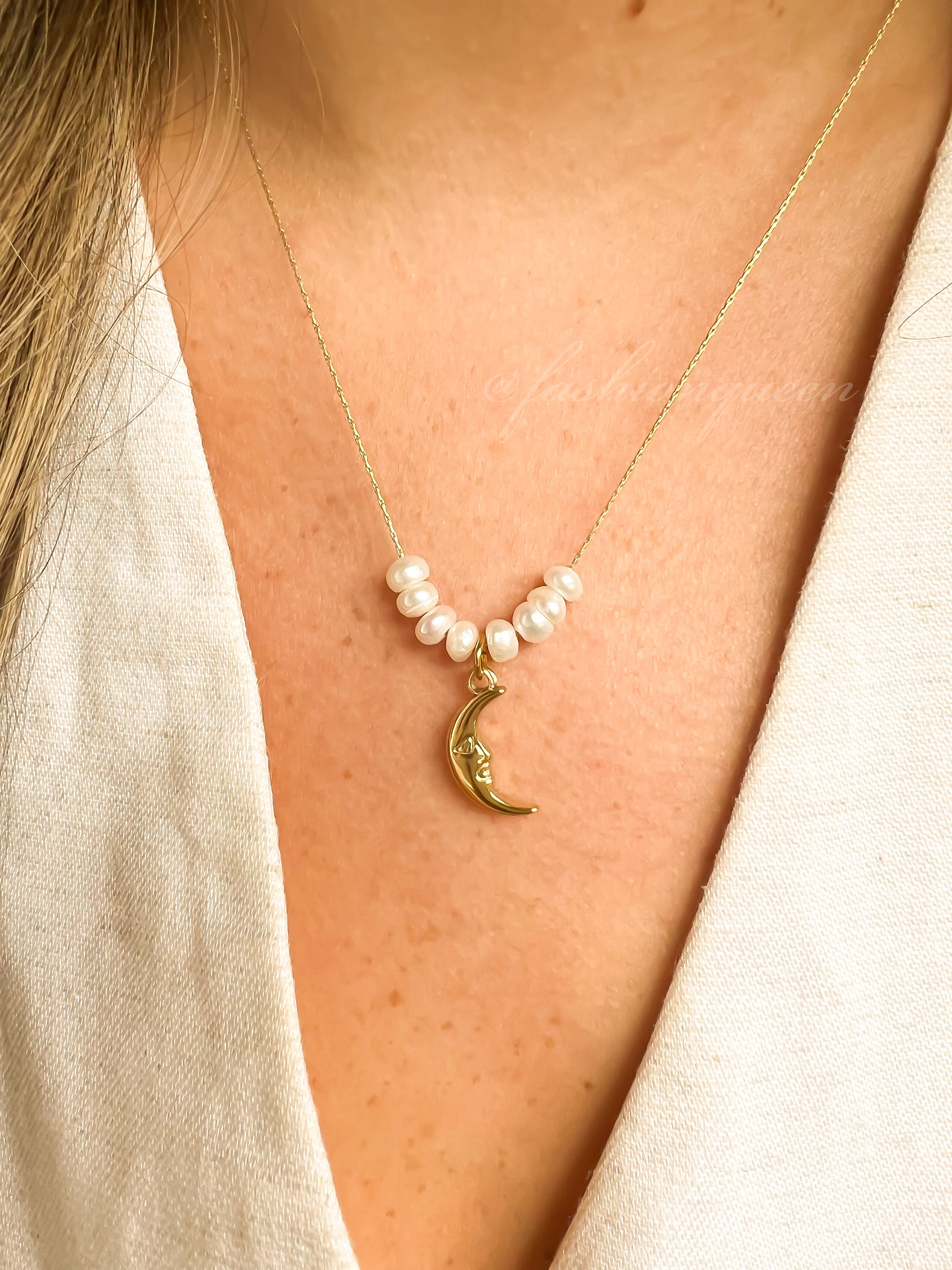 Crescent Moon Pendant Necklace on a Pearl Beaded Chain Gold Plated Stainless Steel Moon Necklace Cute Summer Jewellery. Etsy Canada