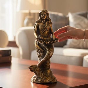 Brązowa figura syreny, dekoracja domu w stylu marynistycznym (26 cm)