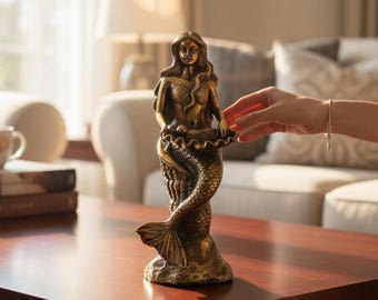 Bronze Mermaid Statue, Nautical Home Decor (10.5 Inch / 26 cm)