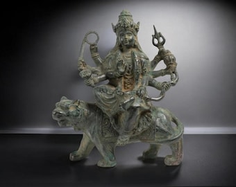 Brass Goddess Kali Statue, Antique Mahakali, Hindu Sculpture (8.5 Inch) 21 cm