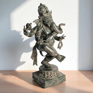Ganesh Antique Statue 15 Inch / 38 cm Dancing Sculpture, Trigana 3 Head Bronze Brass Ganesha God Sculpture, Ancient Lord Ganesha Statue