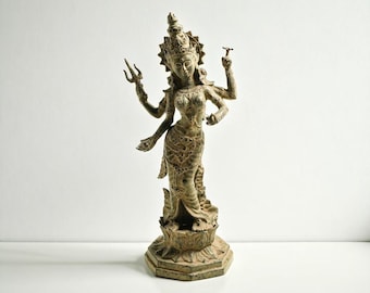 Solid Brass Sarasvati Statue, Hindu Goddess Idol, Temple Decor 15.5 Inch / 39 cm