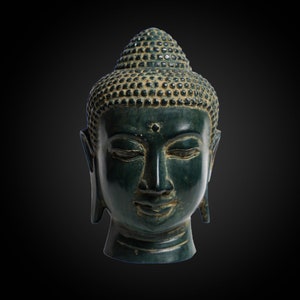 Boeddhahoofd 15 cm, boeddhabrons, boeddhabeeldje, boeddha messing, boeddhabeeld, kamerdecor, huisdecor, messing sculptuur