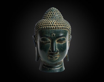 Copper Green Patina Brass Buddha Head Sculpture (6 Inch / 15 cm)