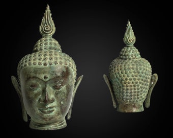 Hollow Brass Buddha Head Sculpture, Home Decor (14 Inch/35cm)