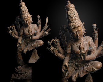 Vintage Bronze Dancing Parvati Statue, Eight Arms, Hindu Goddess (24 Inch)
