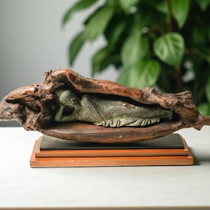 Reclining Bronze Buddha Statue, Wood Accent, Anniversary Gift, 18 Inch