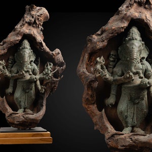 Ganesh Antike Statue 24 Zoll / 60 cm Tanzende Skulptur, Trigana 3 Kopf Bronzemessing Ganesha Gott Skulptur, alte Lord Ganesha Statue