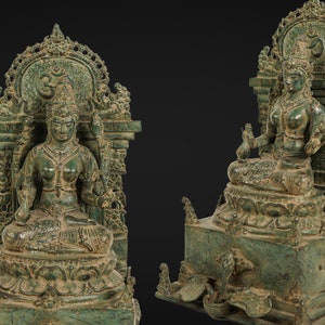 Brass Laxmi Devi Statue, Copper Green Patina, 12 Inch