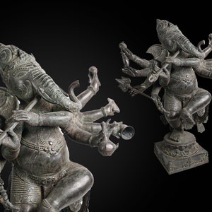 Ganesh Antique Statue 20 inch / 50 cm, Dancing Sculpture, Trigana 3 Head Bronze Brass Ganesha God Sculpture, Ancient Lord Ganesha Statue
