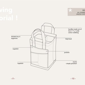 May include: Line drawing sewing tutorial for a wine bottle holder bag. The bag is fully lined and has pockets. The handles are made of 1 1/8 inch wide cotton webbing. All seams are 0.4 inches unless otherwise stated.