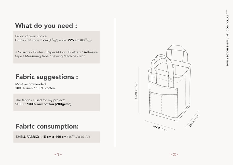 May include: A black and white line drawing of a wine bottle holder bag with measurements in inches and centimeters. The bag has a top handle and a pocket on the front. The text "TYTKA MOD. 24 / WINE HOLDER BAG" is in the upper right corner of the image.