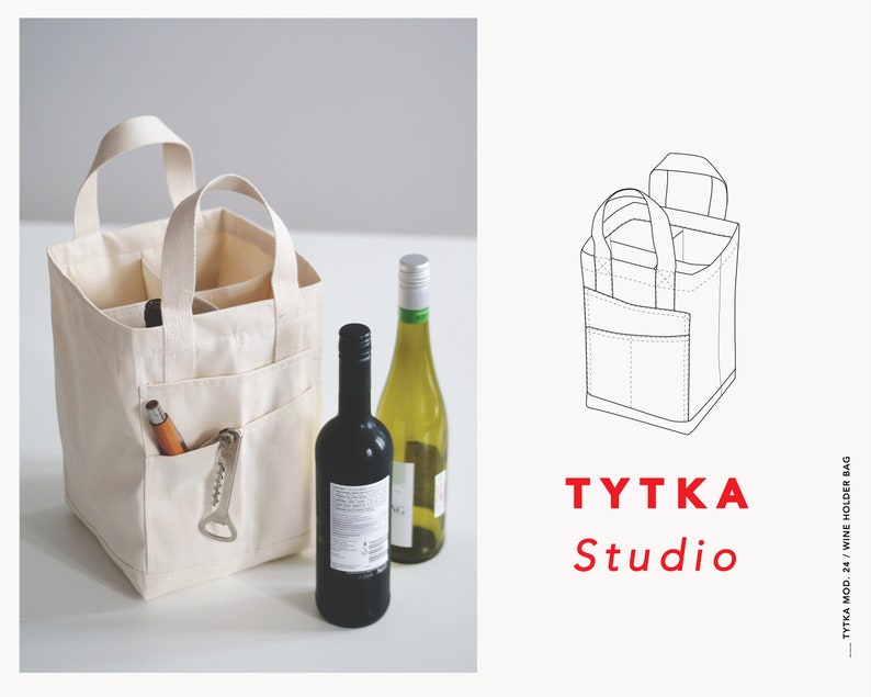 May include: A white canvas wine tote bag with two handles and a pocket on the side. The bag is filled with two wine bottles and a corkscrew. The bag is labeled "TYTKA Studio".