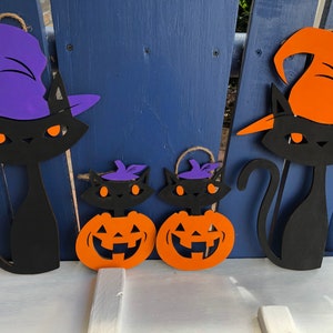 Tall Halloween WOOD Hanging CATS w/witches hat / Wood / decor