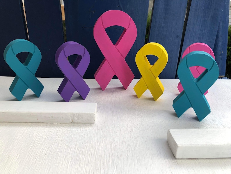 Wooden Cancer Support / Pink Breast cancer /Teal / Gold / purple cancer ribbon /Counter Sitter image 9