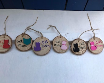 CAT MOM, hanging wood ornament, Cat lover gift