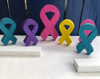 Wooden Cancer Support / Pink Breast cancer /Teal / Gold  / purple cancer ribbon /Counter Sitter
