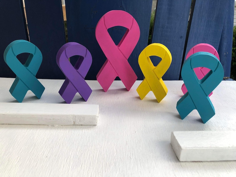 Wooden Cancer Support / Pink Breast cancer /Teal / Gold / purple cancer ribbon /Counter Sitter image 1