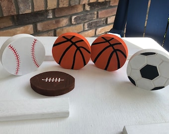 Sports balls, basketball, soccer, baseball and football wood Sports balls tiered tray