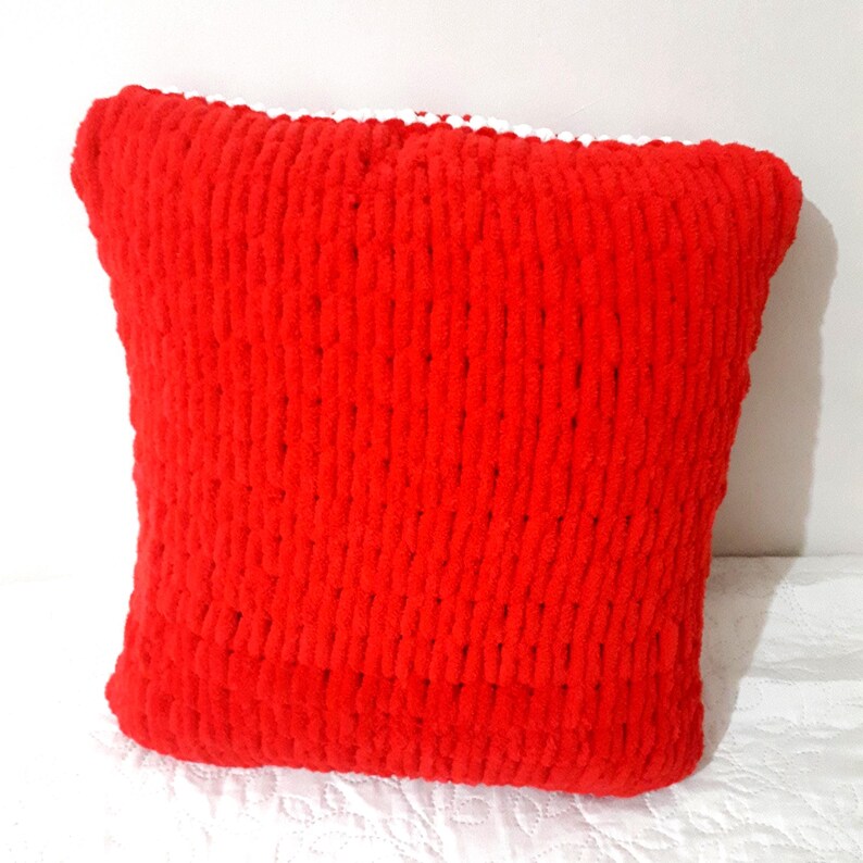 Chunky Knit Pillow Cover Red White Geometric Sofa Cushion, image 8