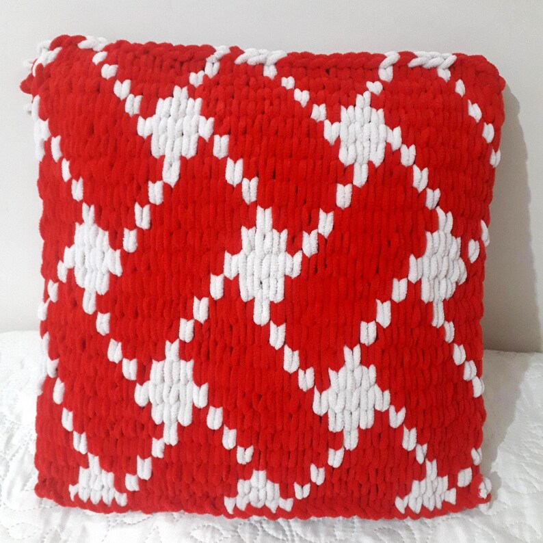 Chunky Knit Pillow Cover Red White Geometric Sofa Cushion, image 4