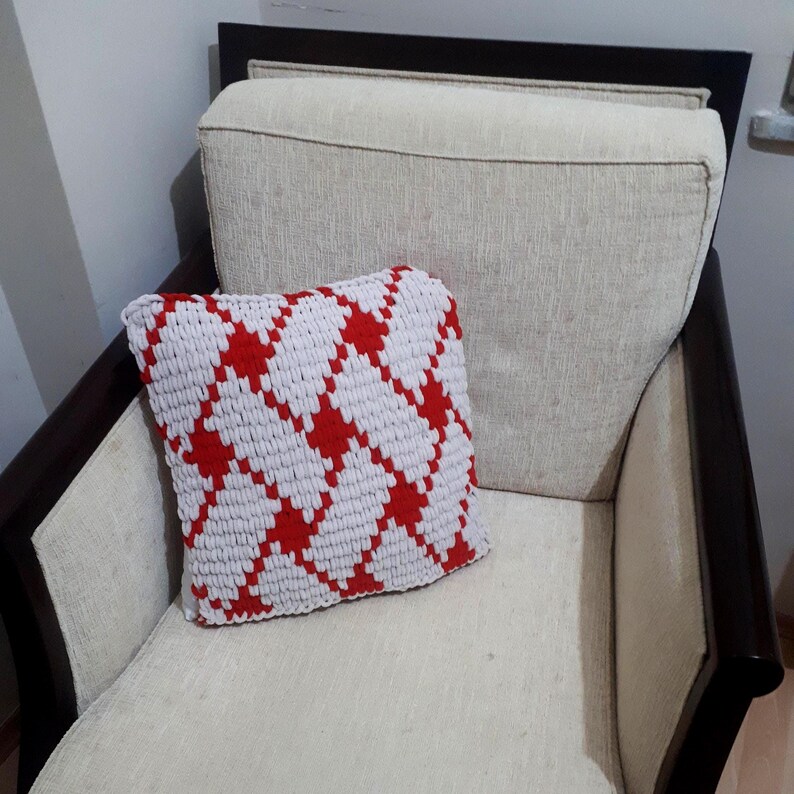 Chunky Knit Pillow Cover Red White Geometric Sofa Cushion, image 7