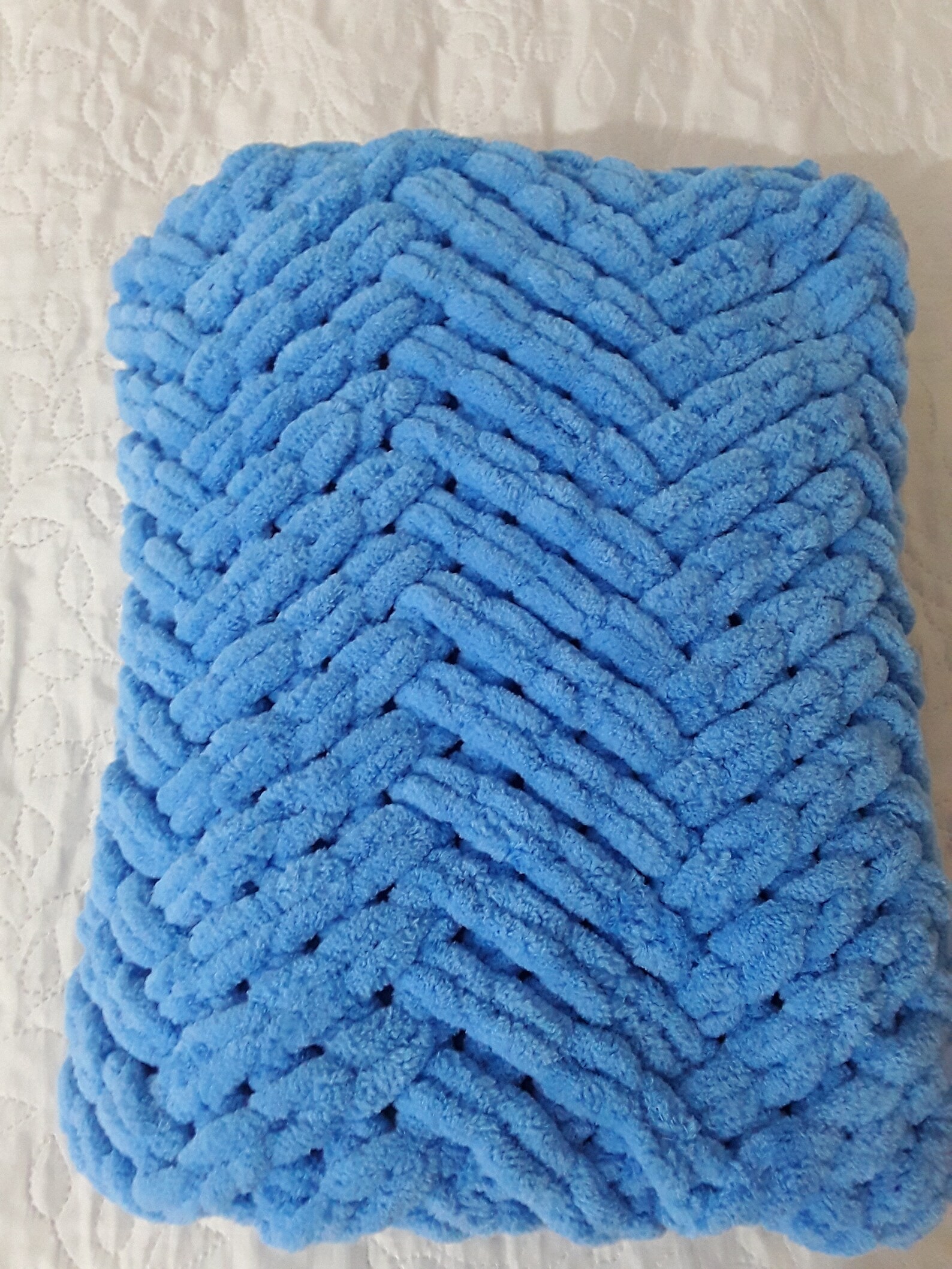 Boho Hand Knit Baby Blanket, Chunky Receiving Blanket, Baby Boy Blue