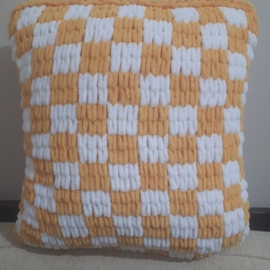Knit yellow white checkered pillow, plaid throw pillowcase, checkered decorative cushion, play room decor, crochet yellow cushion cover