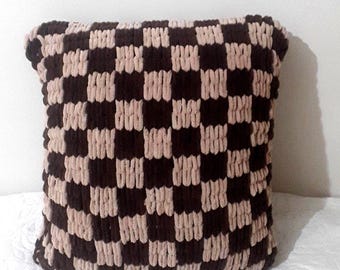 Knit Checkered Pillow Cover Brown Chess Pattern Cushion,,