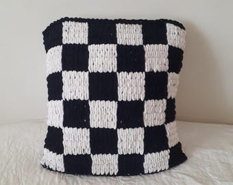 Knit Checkered Pillow Cover Black & White Plaid Cushion,,