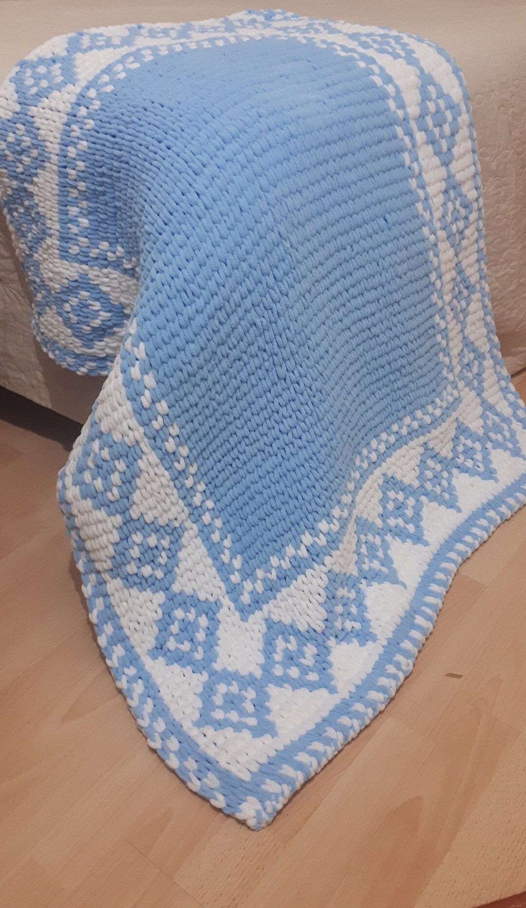 Knit Blue White Baby Blanket,chunky Baby Blanket,tv Blanket,cozy Blue