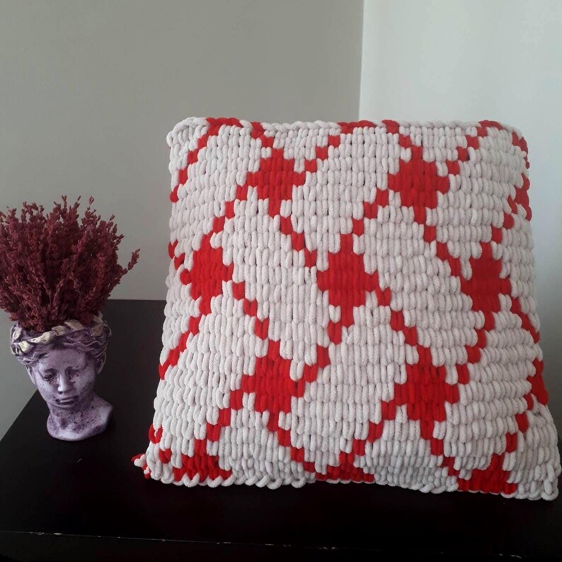 Chunky Knit Pillow Cover Red White Geometric Sofa Cushion, image 3