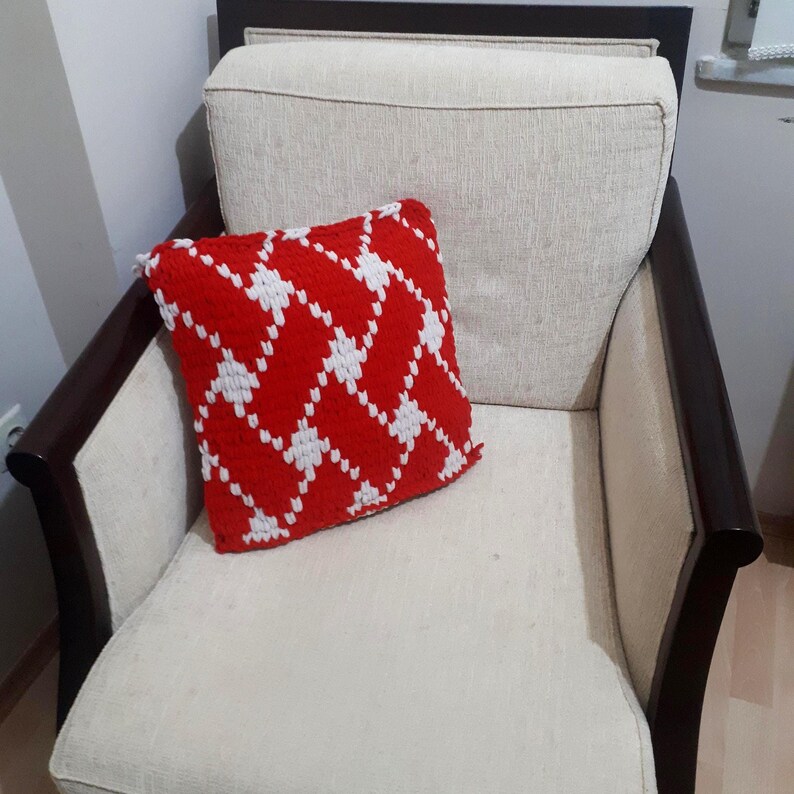 Chunky Knit Pillow Cover Red White Geometric Sofa Cushion, image 6