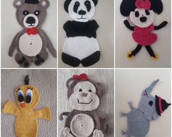 Crochet animals for patch,animal appliques,creative appliques panda,monkey,bear,chick,mouse,elephant appliques,appliques for bag, backpack