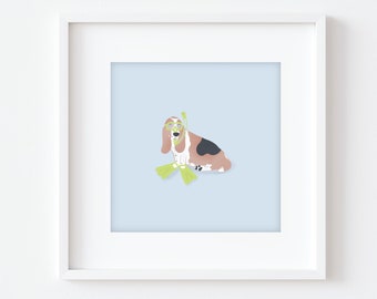 Clementine the Snorkeling Basset Hound, Beach Art, Puppy Illustration, Dog Art, Summer Print, Nursery, Office, Bathroom, Home