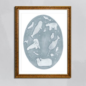 Stampa artistica del cielo notturno degli animali artici, costellazioni, inverno, narvalo, orso polare, balena beluga, lupo, scuola materna, arredamento, apprendimento, pastello, blu