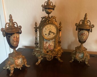 Italian Franz Hermie Lancini Garniture 3pc Set Porcelain Mantle